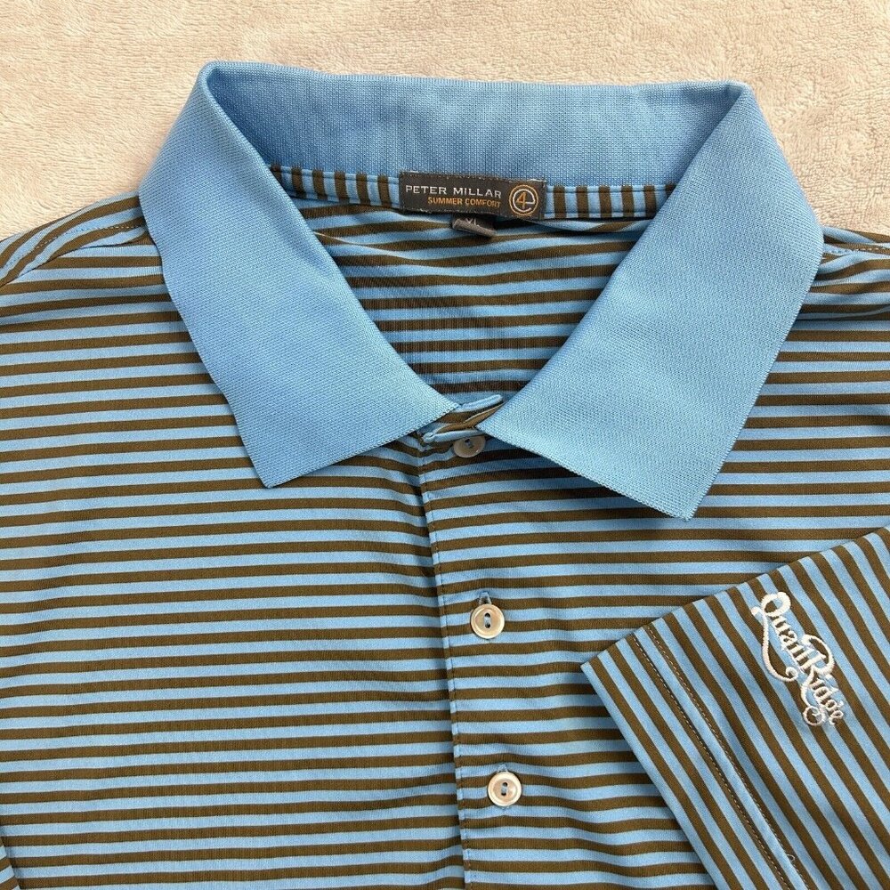 Peter Millar Men's XL Summer Comfort Golf Polo Blue Brown Striped Quailbridge